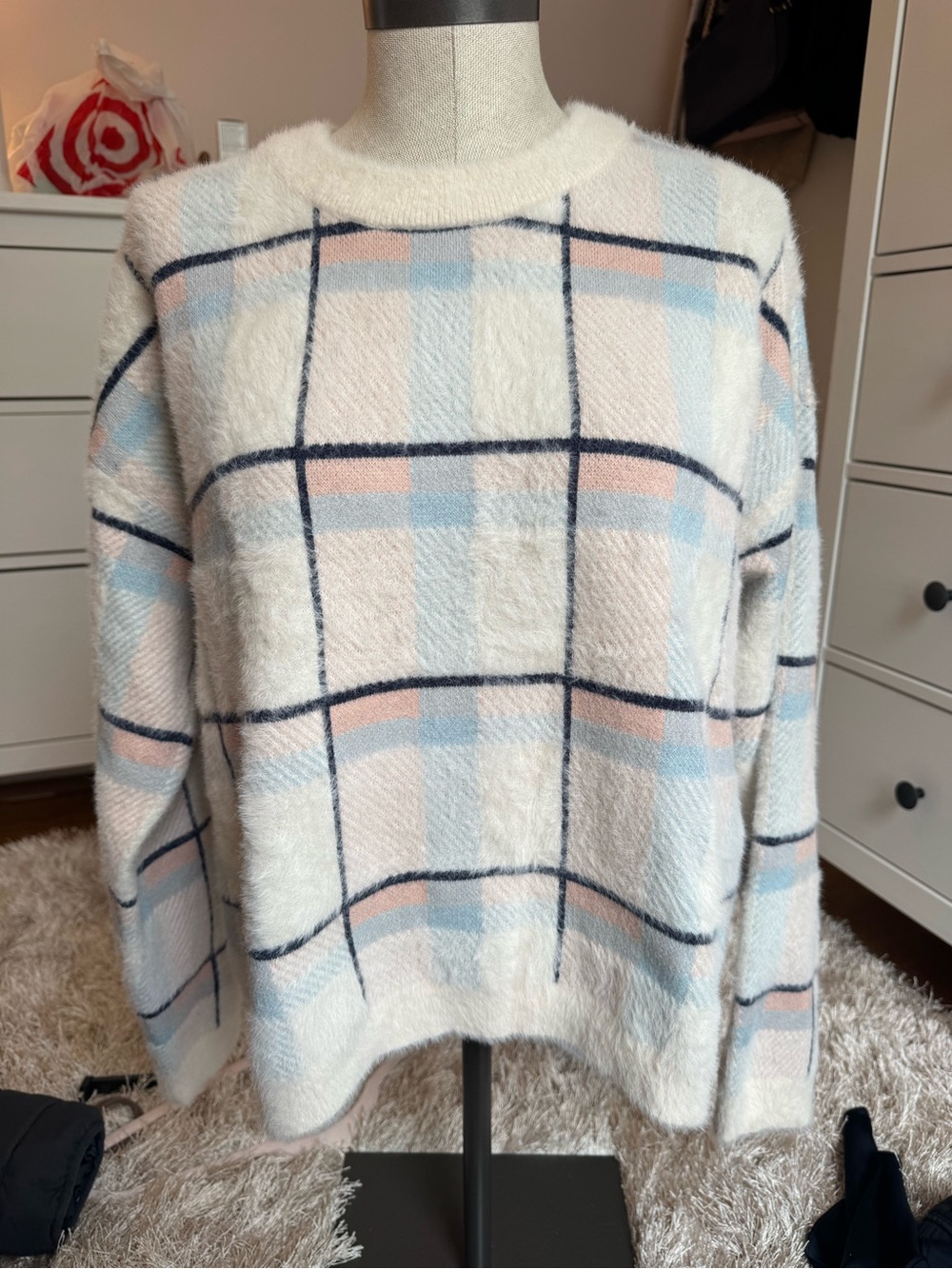 Cyrus Cream Crewneck Sweater with Pastel Blue and Blush Plaid